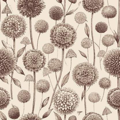 Art Nouveau Allium Flowers Pattern 2 Quilting Cotton Fabric featuring floral design, botanical print, sepia tones, cream background, spherical blooms, stems, leaves, nature-inspired, vintage style, textured appearance, quilting material.