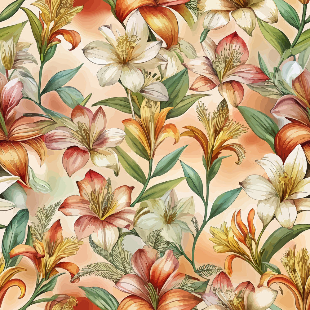 art nouveau, alstroemeria flowers, botanical pattern, peachy background, coral petals, white blooms, green leaves, orange accents, yellow centers, floral design, quilting cotton, seamless repeat, watercolor style, delicate stems, nature motif, spring flowers, soft palette, elegant florals, vintage inspired, fabric panel