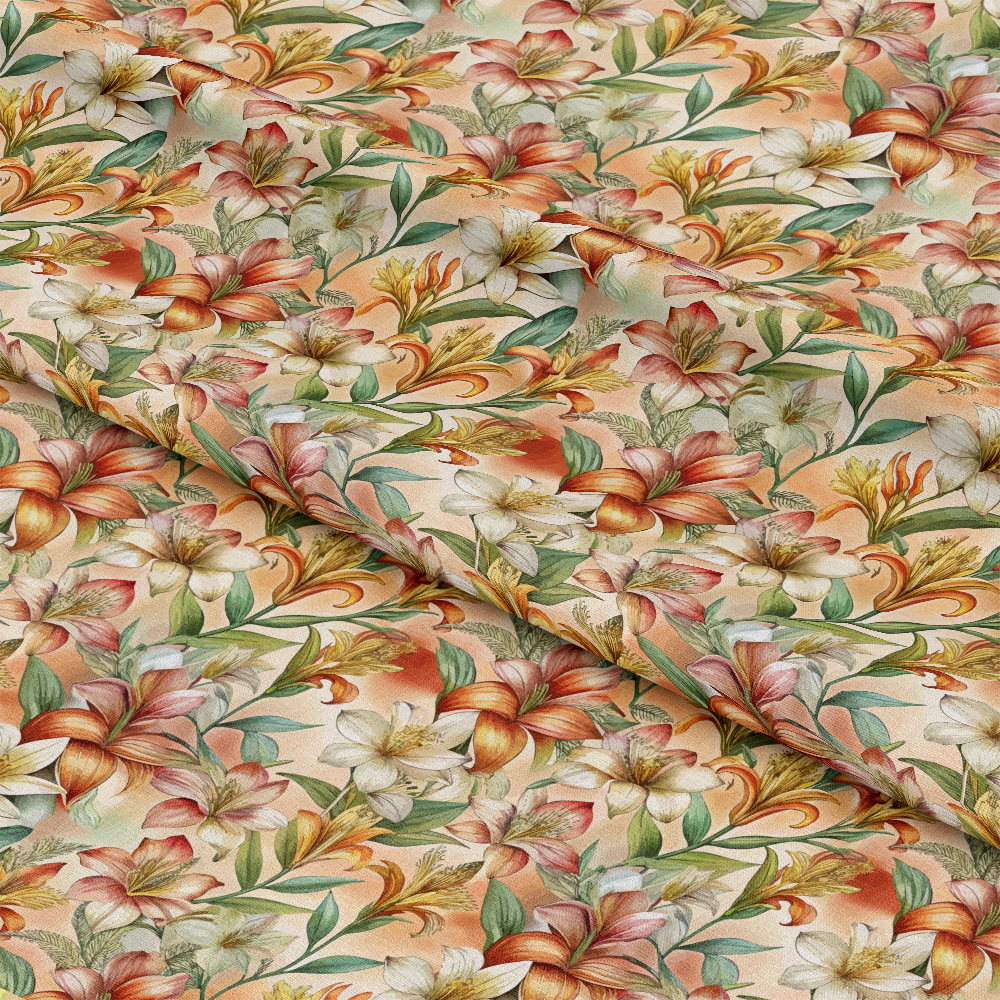 Art Nouveau Alstroemerias Pattern 1 Quilting Cotton Fabric, floral fabric, vintage design, orange, cream, green leaves, botanical print, quilting cotton, soft texture, premium fabric, decorative textile, classic style, fabric yardage, natural colors, elegant motif, fine quilting cotton.