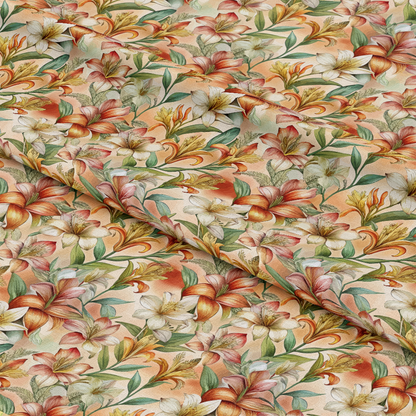 Art Nouveau Alstroemerias Pattern 1 Quilting Cotton Fabric, floral fabric, vintage design, orange, cream, green leaves, botanical print, quilting cotton, soft texture, premium fabric, decorative textile, classic style, fabric yardage, natural colors, elegant motif, fine quilting cotton.