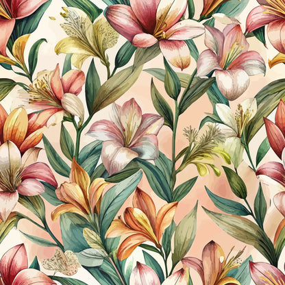 floral pattern, alstroemeria flowers, pink petals, coral blooms, green leaves, botanical design, art nouveau style, quilting cotton, fabric panel, watercolor effect, nature motifs, elegant florals, soft pastels, repeating pattern, delicate flowers, garden theme, feminine design, vintage inspired, romantic mood, spring flowers