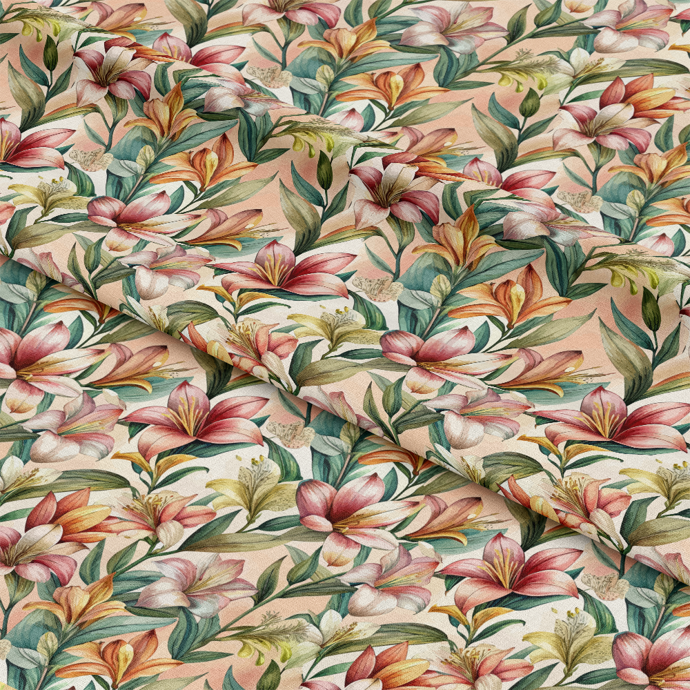 Art Nouveau Alstroemerias Pattern 2 Quilting Cotton Fabric, quilting, cotton, floral, flowers, alstroemeria, vintage, botanical, multicolor, green leaves, pink petals, cream background, fabric, textile, yardage, soft, premium, artistic, decorative