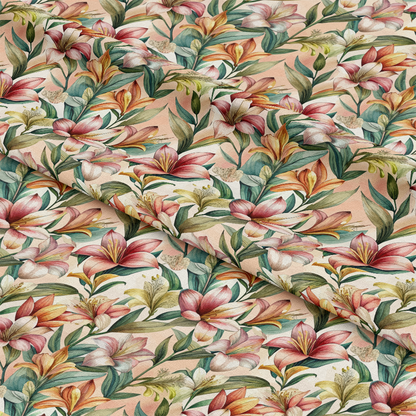 Art Nouveau Alstroemerias Pattern 2 Quilting Cotton Fabric, quilting, cotton, floral, flowers, alstroemeria, vintage, botanical, multicolor, green leaves, pink petals, cream background, fabric, textile, yardage, soft, premium, artistic, decorative