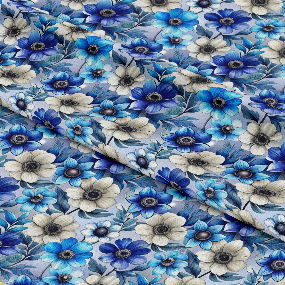 Art Nouveau Anemones Pattern 1 Quilting Cotton Fabric featuring blue, navy, white, and cream floral design, botanical print, quilting material, cotton textile, decorative flower motif, vintage style fabric, high-quality quilting cotton, soft and vibrant fabric textile.