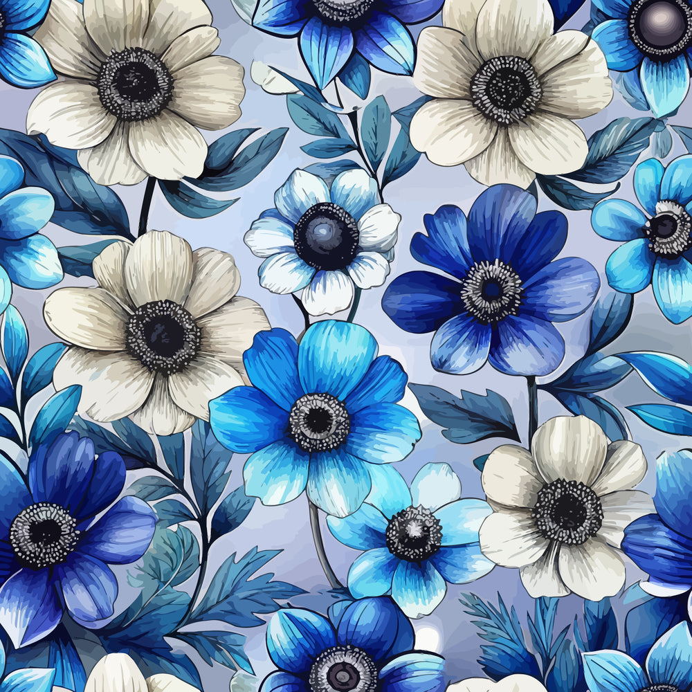 Art Nouveau Anemones Pattern 1 Quilting Cotton Fabric featuring blue, white, and cream flowers, floral design, botanical, spring, vintage style, textile, cotton material, quilting fabric, soft texture, decorative, sewing fabric, handcrafted, elegant, nature-inspired pattern.