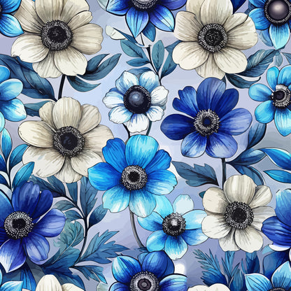 Art Nouveau Anemones Pattern 1 Quilting Cotton Fabric featuring blue, white, and cream flowers, floral design, botanical, spring, vintage style, textile, cotton material, quilting fabric, soft texture, decorative, sewing fabric, handcrafted, elegant, nature-inspired pattern.