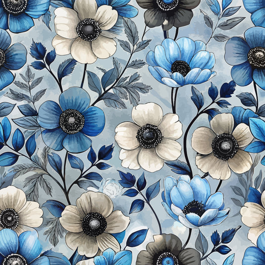 - Art Nouveau Anemones Pattern 2 Quilting Cotton Fabric  
- Floral design  
- Blue, beige, black flowers  
- Leaves and stems  
- Soft texture  
- Cotton material  
- Quilting fabric  
- Decorative textile  
- Vintage style  
- Elegant print