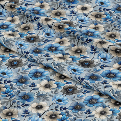 Art Nouveau Anemones Pattern 2 Quilting Cotton Fabric displaying blue, beige, black, gray floral design, vintage style, delicate flowers, leaves, sewing material, textile, craft fabric, premium cotton, soft texture.