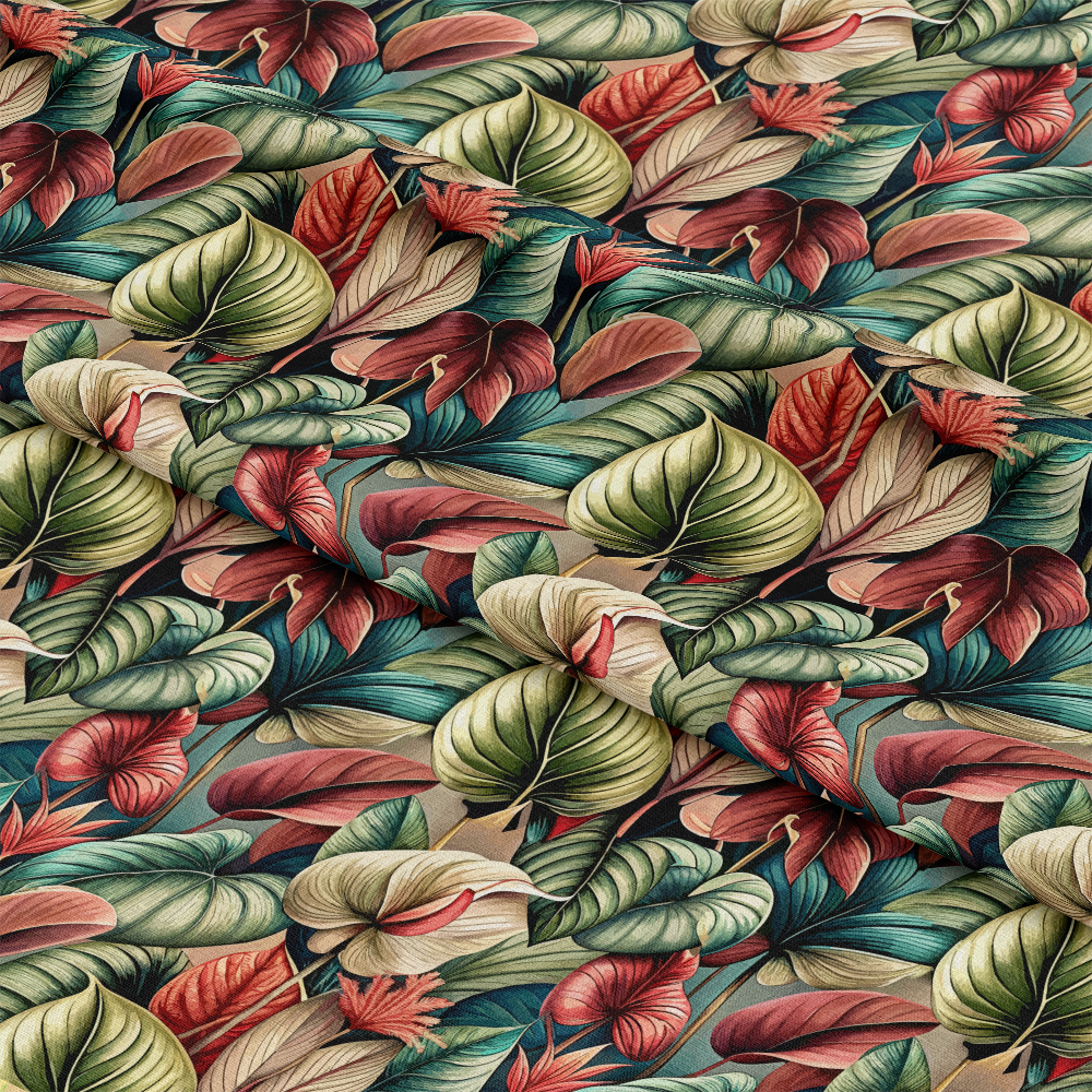 Art Nouveau Anthuriums Pattern 1 Quilting Cotton Fabric featuring botanical, tropical, floral, anthurium leaves, vintage style, colorful, green, red, cream, natural, textile, craft, sewing material, premium quilting, decorative fabric.