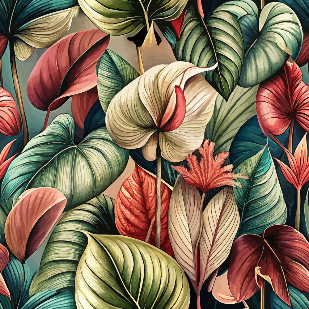 Art Nouveau Anthuriums Pattern 1 Quilting Cotton Fabric, floral, botanical, leaves, tropical, green, red, cream, vintage style, textile, quilting, cotton, nature-inspired, decorative, elegant, premium material, continuous yardage, soft texture, artistic design.