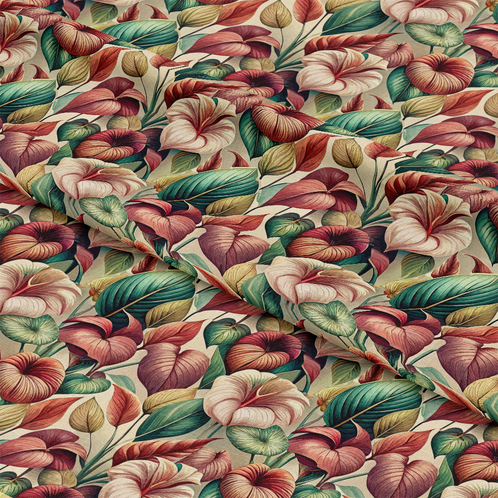 Art Nouveau Anthuriums Pattern 2 Quilting Cotton Fabric featuring floral design, leaves, vintage style, cream background, green, burgundy, blush, soft texture, premium quilting cotton, decorative textile, botanical print, fabric yardage.