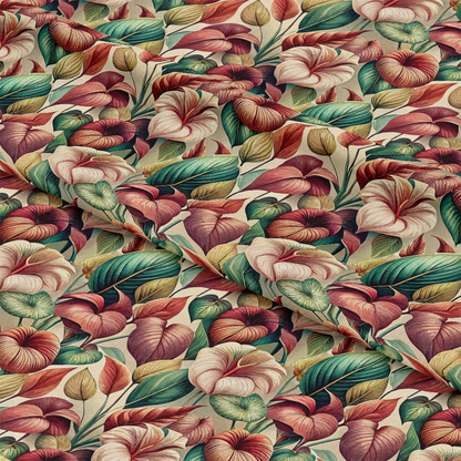 Art Nouveau Anthuriums Pattern 2 Quilting Cotton Fabric featuring floral design, leaves, vintage style, cream background, green, burgundy, blush, soft texture, premium quilting cotton, decorative textile, botanical print, fabric yardage.