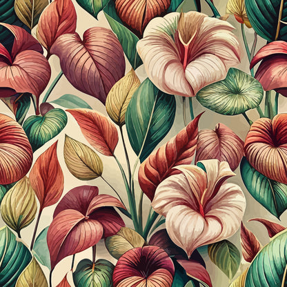 - Art Nouveau Anthuriums Pattern 2 Quilting Cotton Fabric  
- Floral design with anthurium leaves  
- Deep green, cream, burgundy, rust, and beige colors  
- Botanical, vintage, and nature-inspired motif  
- Quilting cotton textile suitable for crafts and sewing projects  
- Soft, premium cotton cloth with intricate leafy pattern
