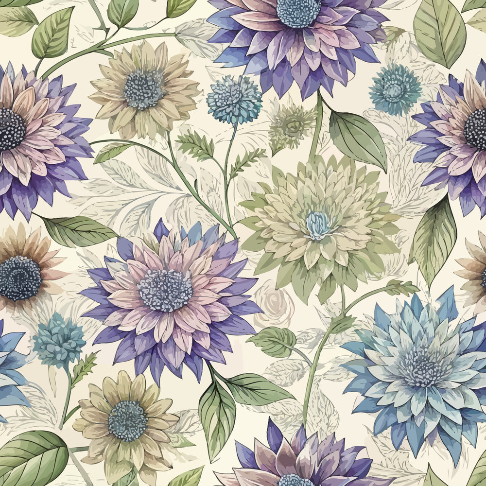 art nouveau, asters, floral pattern, purple flowers, blue blooms, sage green, cream background, botanical design, quilting cotton, fabric panel, layered petals, vintage style, daisy-like flowers, soft pastels, nature motif, repeating pattern, delicate stems, muted tones, watercolor effect, garden flowers