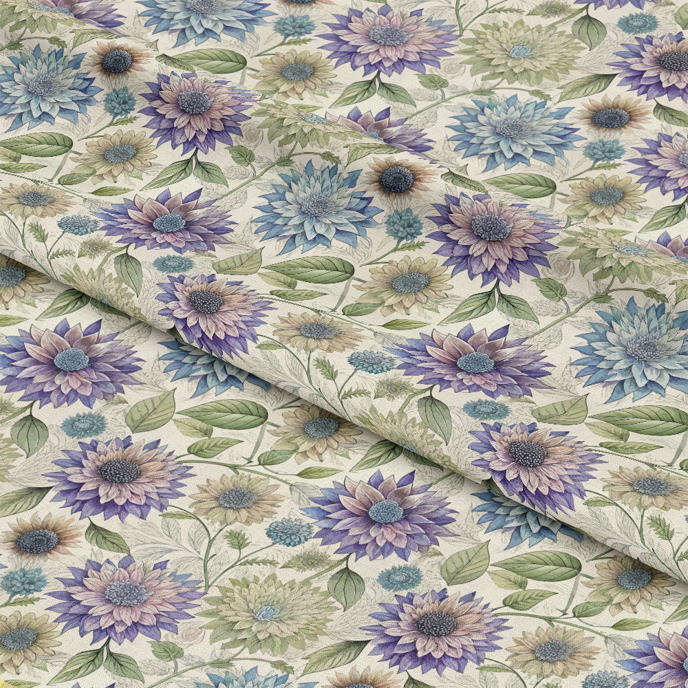 - Art Nouveau Asters Pattern 1 Quilting Cotton Fabric  
- Floral design  
- Purple, blue, beige flowers  
- Green leaves  
- Vintage style  
- Natural tones  
- Soft cotton textile  
- Quilting material  
- Elegant botanical print  
- Decorative fabric yardage
