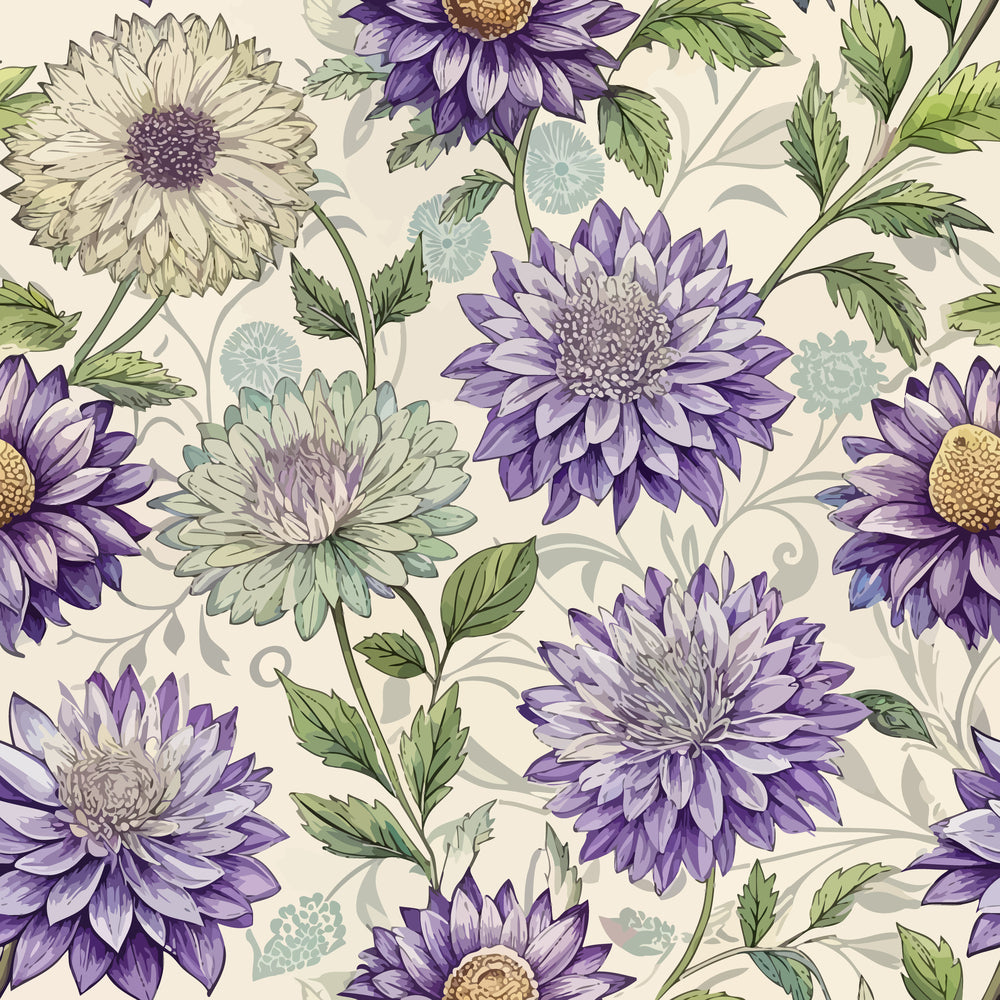 purple flowers, asters, floral pattern, art nouveau, cream background, sage green, lavender, botanical design, quilting cotton, fabric panel, vintage style, garden flowers, seamless repeat, nature motif, decorative florals, muted tones, ornate petals, flowing stems, textured blooms, cottage garden
