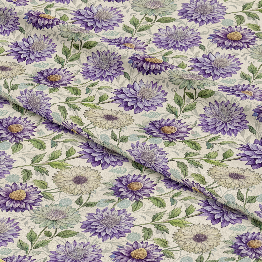 Art Nouveau Asters Pattern 2 Quilting Cotton Fabric, floral design, asters, purple flowers, green leaves, beige background, cotton textile, quilting material, seamless floral pattern, vintage style, soft fabric, sewing fabric, craft material