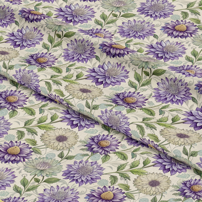 Art Nouveau Asters Pattern 2 Quilting Cotton Fabric, floral design, asters, purple flowers, green leaves, beige background, cotton textile, quilting material, seamless floral pattern, vintage style, soft fabric, sewing fabric, craft material
