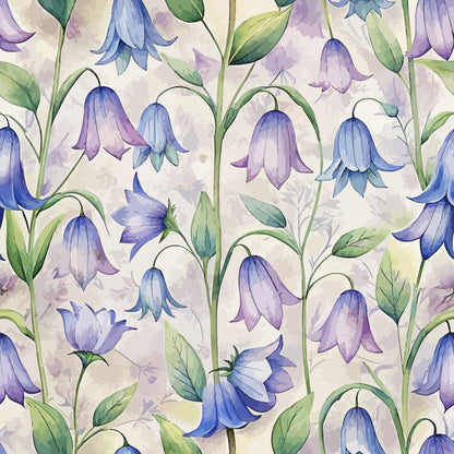 Art Nouveau Bellflowers Pattern 1 Quilting Cotton Fabric, floral, bellflowers, lavender, purple, blue, green leaves, botanical, vintage style, natural motifs, textile, premium, soft, quilting, cotton, fabric, decorative print, elegant design