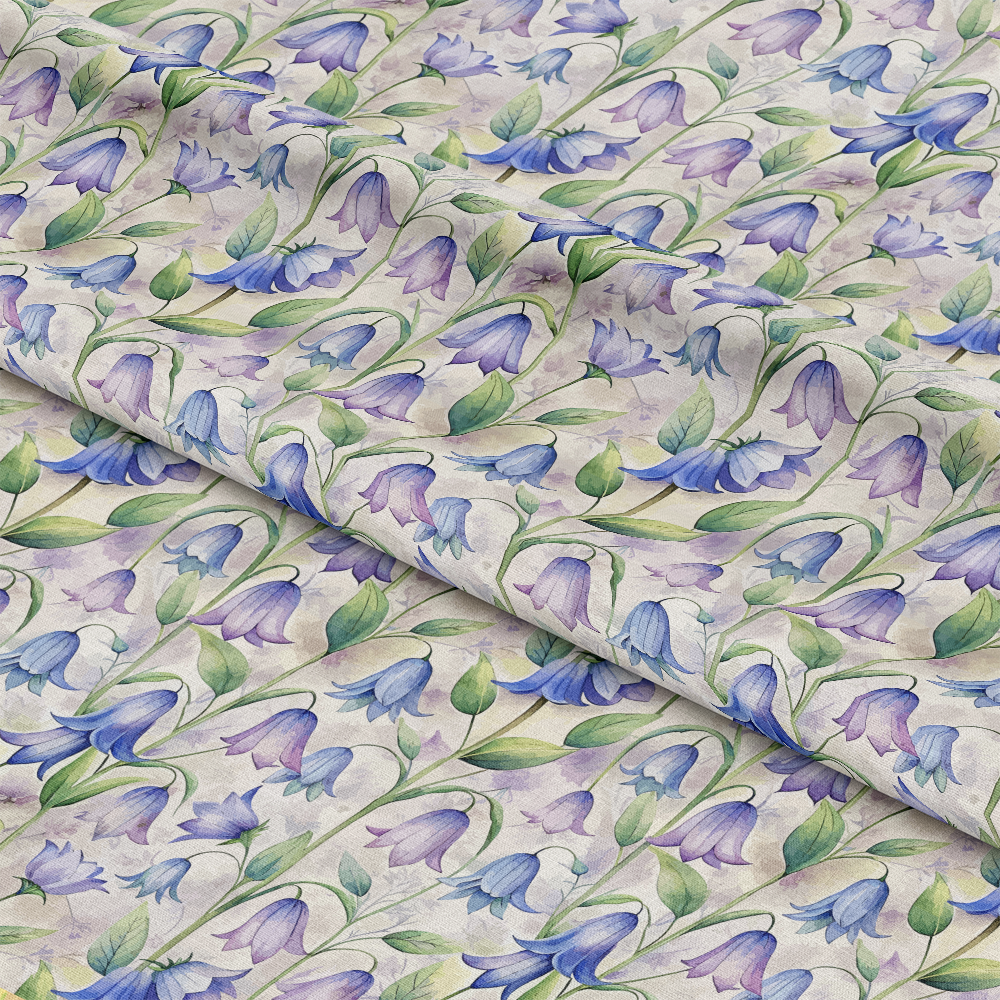 Art Nouveau Bellflowers Pattern 1 Quilting Cotton Fabric with floral design, blue and purple bellflowers, green leaves, cream background, soft cotton textile, quilting material, delicate botanical print, spring-inspired fabric, vintage style cotton cloth, premium quilting fabric yardage