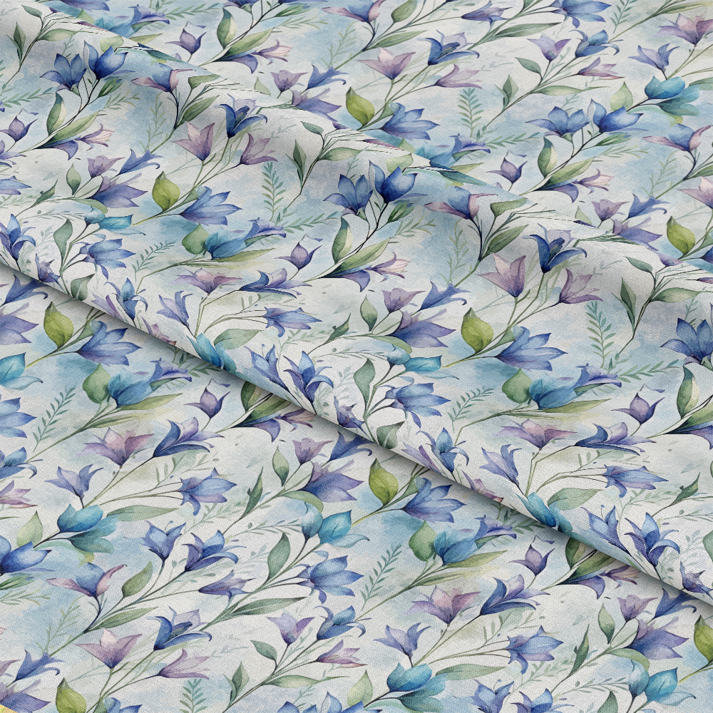 Art Nouveau Bellflowers Pattern 2 Quilting Cotton Fabric with floral design, blue and purple bellflowers, green leaves, white background, quilting cotton textile, cotton material, decorative fabric, soft texture, traditional style, sewing fabric for crafts and quilting projects.