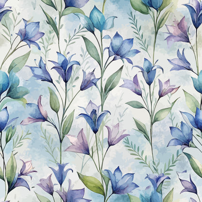 Art Nouveau Bellflowers Pattern 2 Quilting Cotton Fabric, floral design, bellflower motifs, blue hues, purple accents, green leaves, botanical print, nature-inspired, soft texture, vintage style, elegant fabric, quilting material, cotton textile, artistic pattern, decorative cloth, garden theme