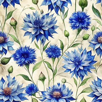 blue cornflowers, navy blue, light blue, cream background, green leaves, floral pattern, botanical design, art nouveau, watercolor style, quilting cotton, fabric panel, wildflowers, summer blooms, delicate petals, nature motif, cottage garden, repeating pattern, soft pastels, meadow flowers