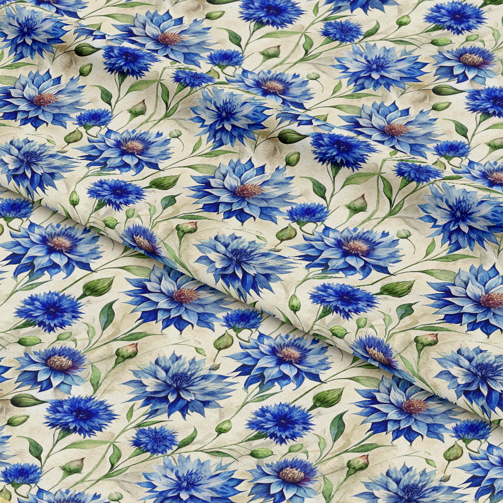 Art Nouveau Blue Cornflowers Pattern 1 Quilting Cotton Fabric featuring blue floral design, cornflower motifs, green leaves, natural cream background, quilting cotton textile, botanical print, premium cotton fabric, sewing material, vibrant colors, traditional style, textile yardage for quilting projects.