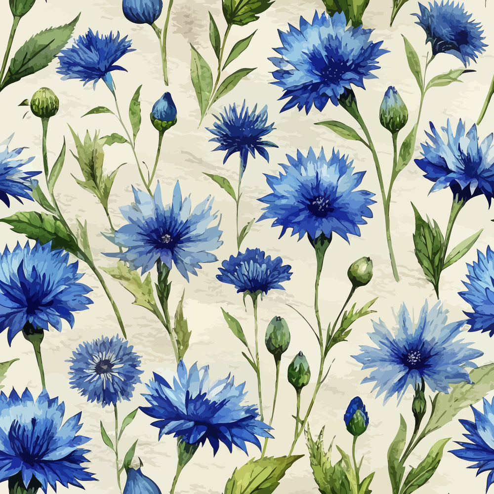 blue cornflowers, botanical pattern, floral design, watercolor style, art nouveau, quilting cotton, fabric panel, navy blue, light blue, green leaves, wildflowers, nature motif, delicate blooms, garden flowers, soft pastels, cream background, repeating pattern, cottage core, meadow flowers, spring florals
