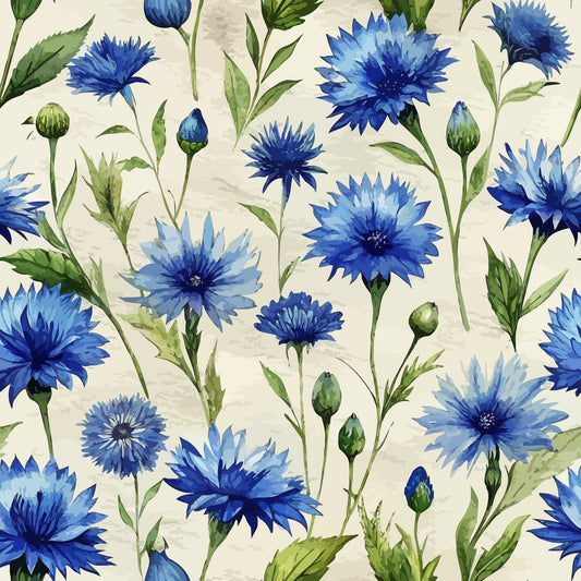 blue cornflowers, botanical pattern, floral design, watercolor style, art nouveau, quilting cotton, fabric panel, navy blue, light blue, green leaves, wildflowers, nature motif, delicate blooms, garden flowers, soft pastels, cream background, repeating pattern, cottage core, meadow flowers, spring florals