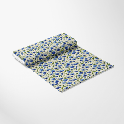 Art Nouveau Blue Cornflowers Pattern 2 Quilting Cotton Fabric, floral, blue, green, beige, textile, cotton, quilting, fabric, decorative, vintage, classic, natural, soft, premium, continuous yardage, traditional style, handcrafted, detailed, elegant, botanical.