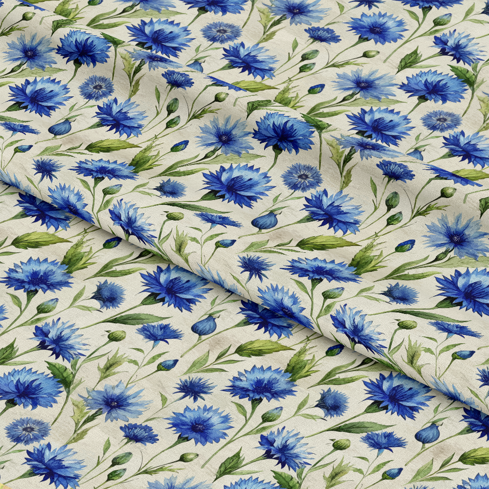 Art Nouveau Blue Cornflowers Pattern 2 Quilting Cotton Fabric, blue flowers, green leaves, floral design, cream background, quilting cotton, fabric yardage, traditional style, nature-inspired, textile, sewing material, soft texture, garden motif, premium cotton fabric.
