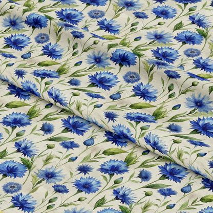 Art Nouveau Blue Cornflowers Pattern 2 Quilting Cotton Fabric, blue flowers, green leaves, floral design, cream background, quilting cotton, fabric yardage, traditional style, nature-inspired, textile, sewing material, soft texture, garden motif, premium cotton fabric.