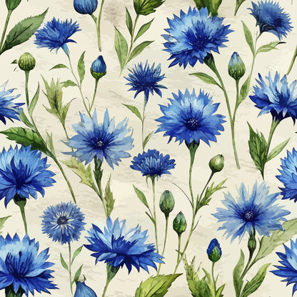 Art Nouveau Blue Cornflowers Pattern 2 Quilting Cotton Fabric featuring blue cornflower motifs, green leaves, floral design, cream background, blooming flowers, botanical print, cotton textile, quilting material, traditional style, nature-inspired pattern.