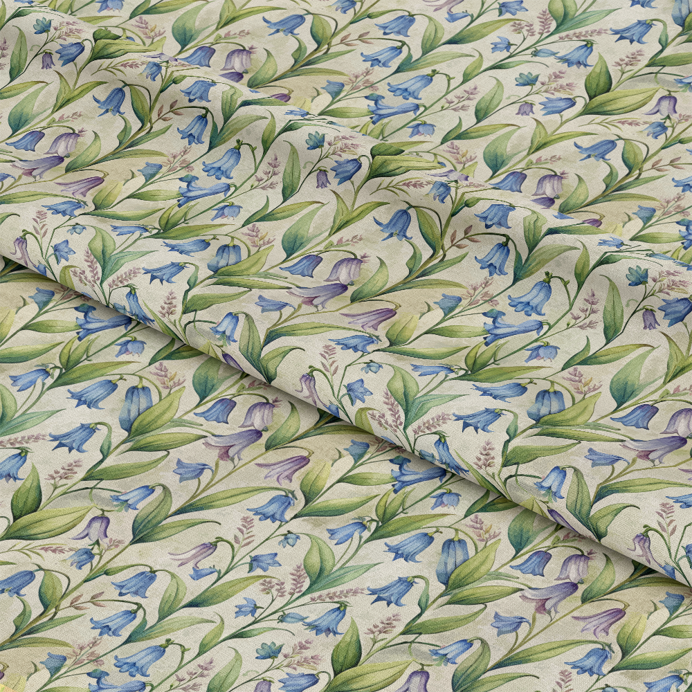 Art Nouveau Bluebells Pattern 1 Quilting Cotton Fabric, floral fabric, bluebell flowers, green leaves, botanical print, vintage style, quilting cotton, soft texture, cotton material, fabric yardage, natural colors, traditional design, elegant pattern, light background.
