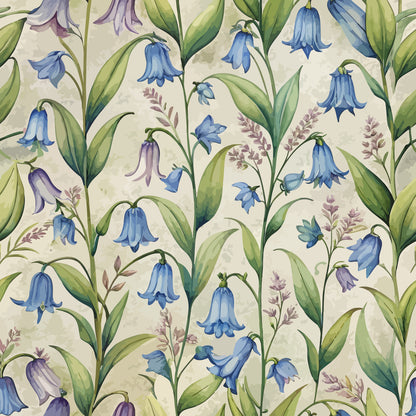 Art Nouveau Bluebells Pattern 1 Quilting Cotton Fabric featuring blue floral motifs, green leaves, vintage style, nature-inspired design, soft textured textile, botanical print, decorative material, crafting cotton, sewing fabric.