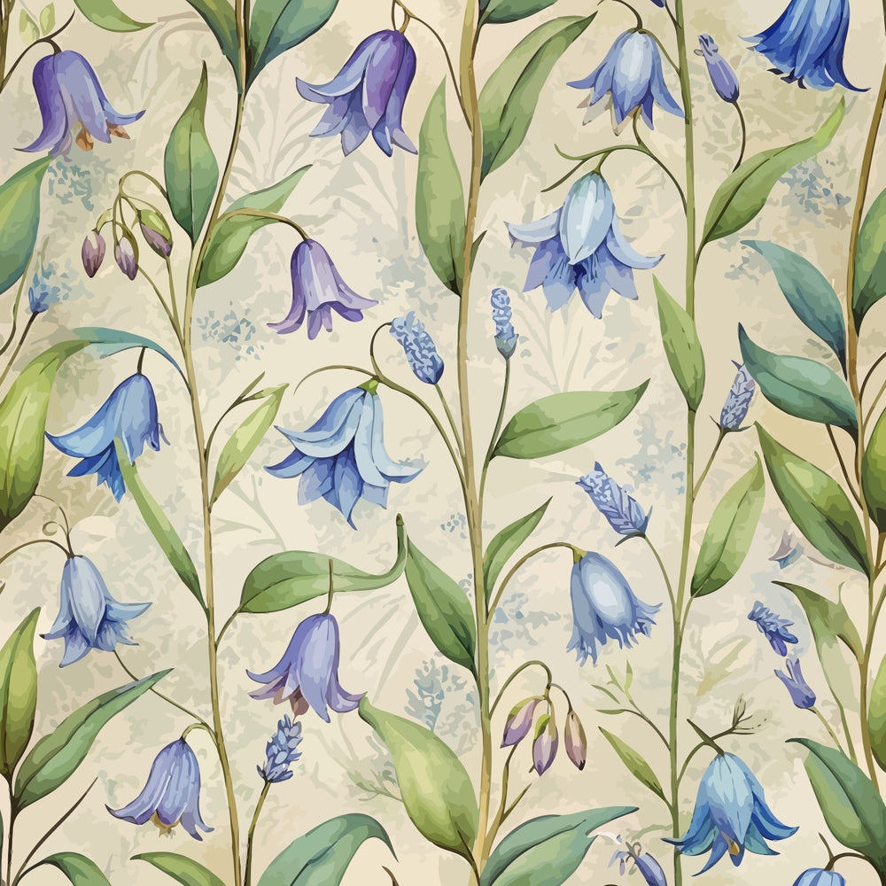 art nouveau, bluebells, floral pattern, purple flowers, blue blooms, green leaves, cream background, botanical design, watercolor style, delicate flowers, drooping petals, nature motif, spring flowers, quilting cotton, fabric panel, wildflowers, english garden, cottage core, soft pastels, repeating pattern