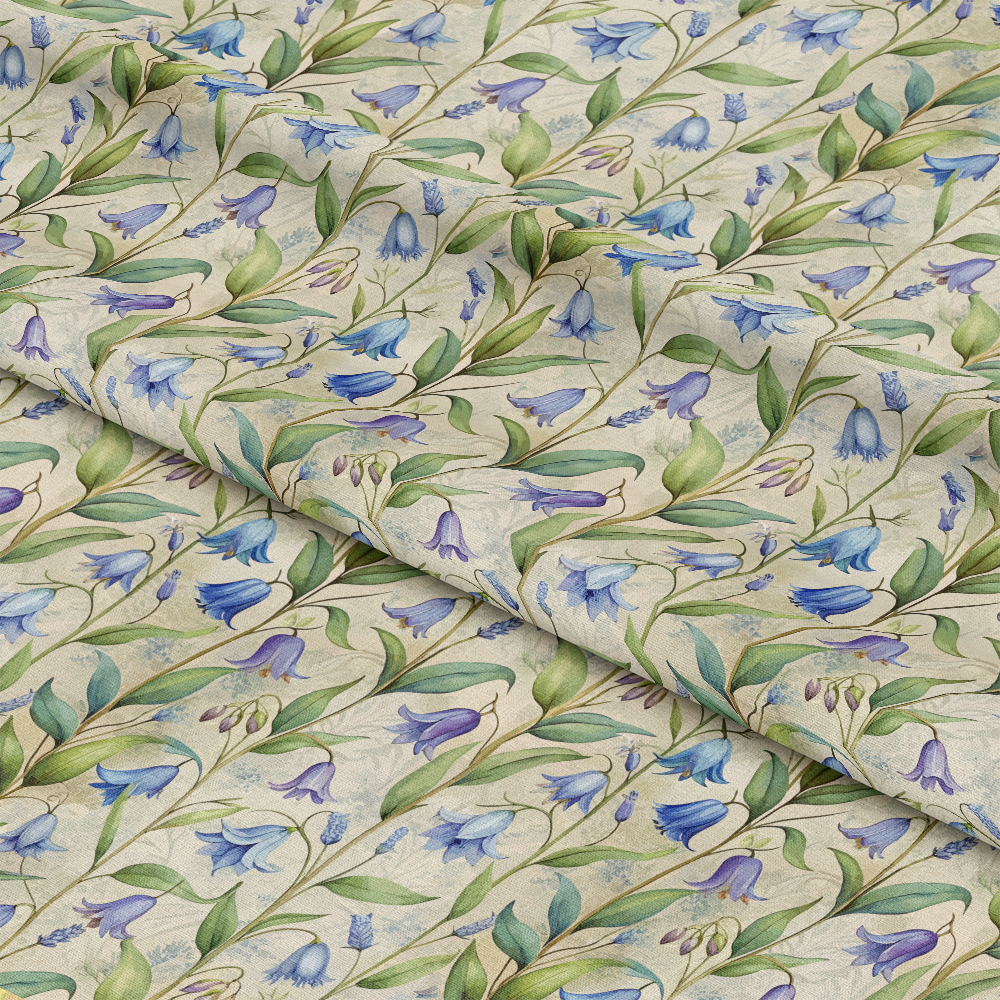 Art Nouveau Bluebells Pattern 2 Quilting Cotton Fabric featuring delicate bluebell floral design, green leaves, soft beige background, botanical print, natural motifs, vintage style, quilting textile, cotton material, elegant pattern, traditional style fabric.