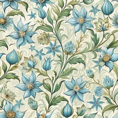art nouveau, borage flowers, blue flowers, sage green, cream background, botanical pattern, floral motif, flowing vines, quilting cotton, fabric panel, nature inspired, organic curves, decorative flourishes, vintage style, soft pastels, garden flowers, seamless repeat, elegant design, natural elements