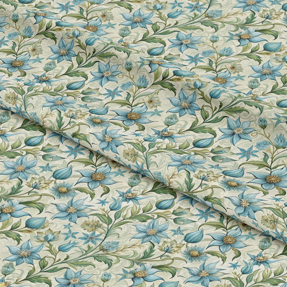Art Nouveau Borage Flowers Pattern 1 Quilting Cotton Fabric, fabric, quilting, cotton, floral, botanical, blue, green, cream, vintage, decorative, textile, garden, ornamental, detailed, natural, soft, elegant.