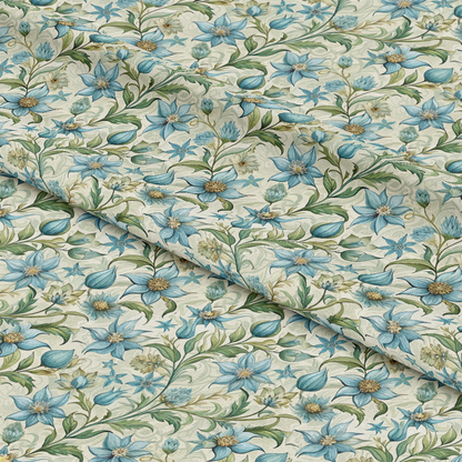 Art Nouveau Borage Flowers Pattern 1 Quilting Cotton Fabric, fabric, quilting, cotton, floral, botanical, blue, green, cream, vintage, decorative, textile, garden, ornamental, detailed, natural, soft, elegant.