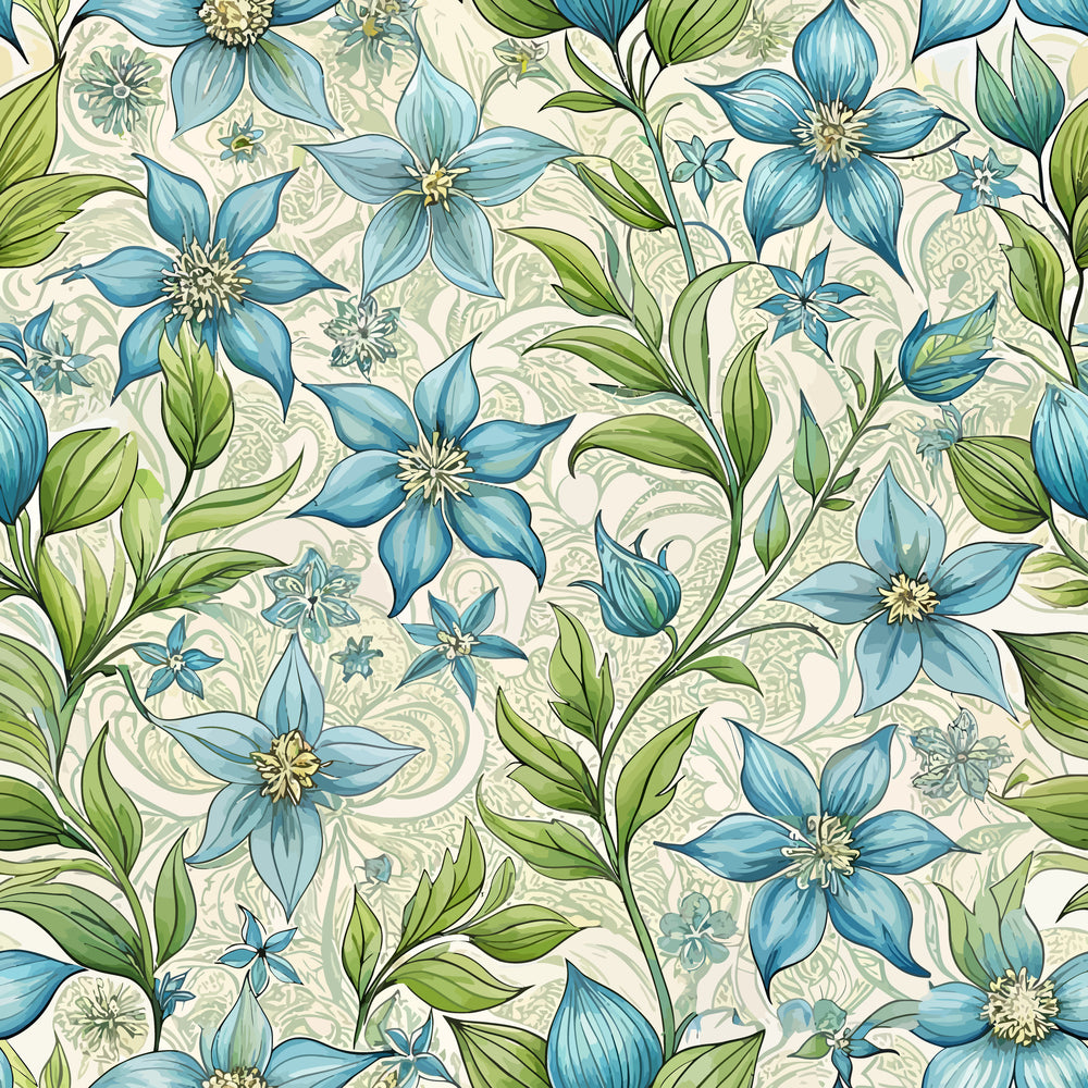 art nouveau, borage flowers, blue flowers, green leaves, floral pattern, botanical design, quilting cotton, fabric panel, turquoise, sage green, cream background, flowing vines, ornate swirls, decorative flourishes, nature motif, elegant style, seamless repeat, five-petaled blooms, organic curves, vintage inspired