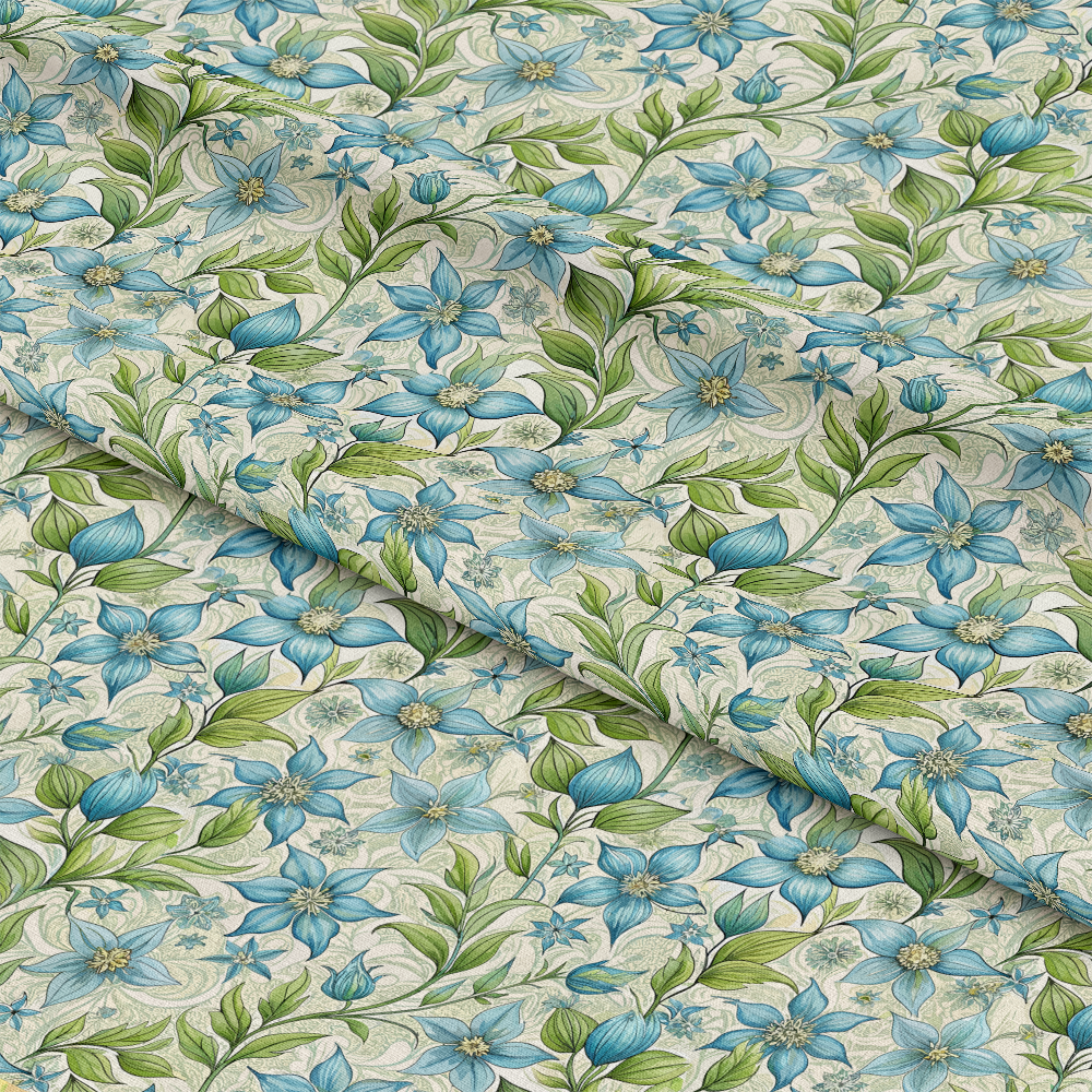 Art Nouveau Borage Flowers Pattern 2 Quilting Cotton Fabric featuring blue flowers, green leaves, cream background, floral design, botanical motifs, quilting fabric, cotton textile, premium cotton, soft texture, elegant print, nature-inspired pattern, traditional style, durable material, vibrant colors, sewing fabric, crafting material.