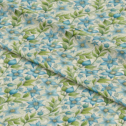 Art Nouveau Borage Flowers Pattern 2 Quilting Cotton Fabric featuring blue flowers, green leaves, cream background, floral design, botanical motifs, quilting fabric, cotton textile, premium cotton, soft texture, elegant print, nature-inspired pattern, traditional style, durable material, vibrant colors, sewing fabric, crafting material.