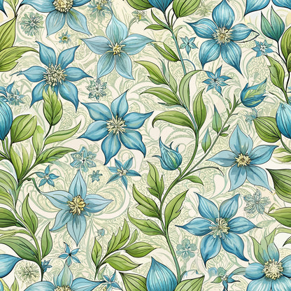 Art Nouveau Borage Flowers Pattern 2 Quilting Cotton Fabric featuring blue floral designs, green leaves, vintage style, botanical prints, natural motifs, decorative cotton textile, delicate flowers, elegant quilting fabric, traditional floral pattern, soft beige background.