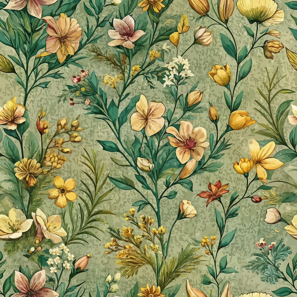 sage green, yellow flowers, cream blossoms, botanical pattern, wildflowers, meadow blooms, nature motif, vintage floral, muted tones, quilting cotton, fabric panel, seamless repeat, garden flowers, soft pastels, delicate petals, earthy palette, blooming stems, cottage core, romantic florals