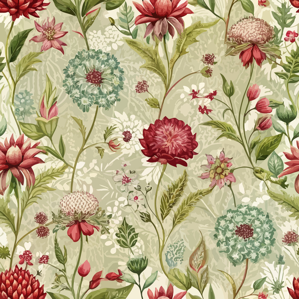 art nouveau, burnet flowers, botanical pattern, sage green, burgundy red, coral pink, cream background, floral motifs, vintage style, quilting cotton, fabric panel, wildflowers, nature design, seamless repeat, decorative florals, muted tones, organic shapes, garden flowers, textile design, cottage core