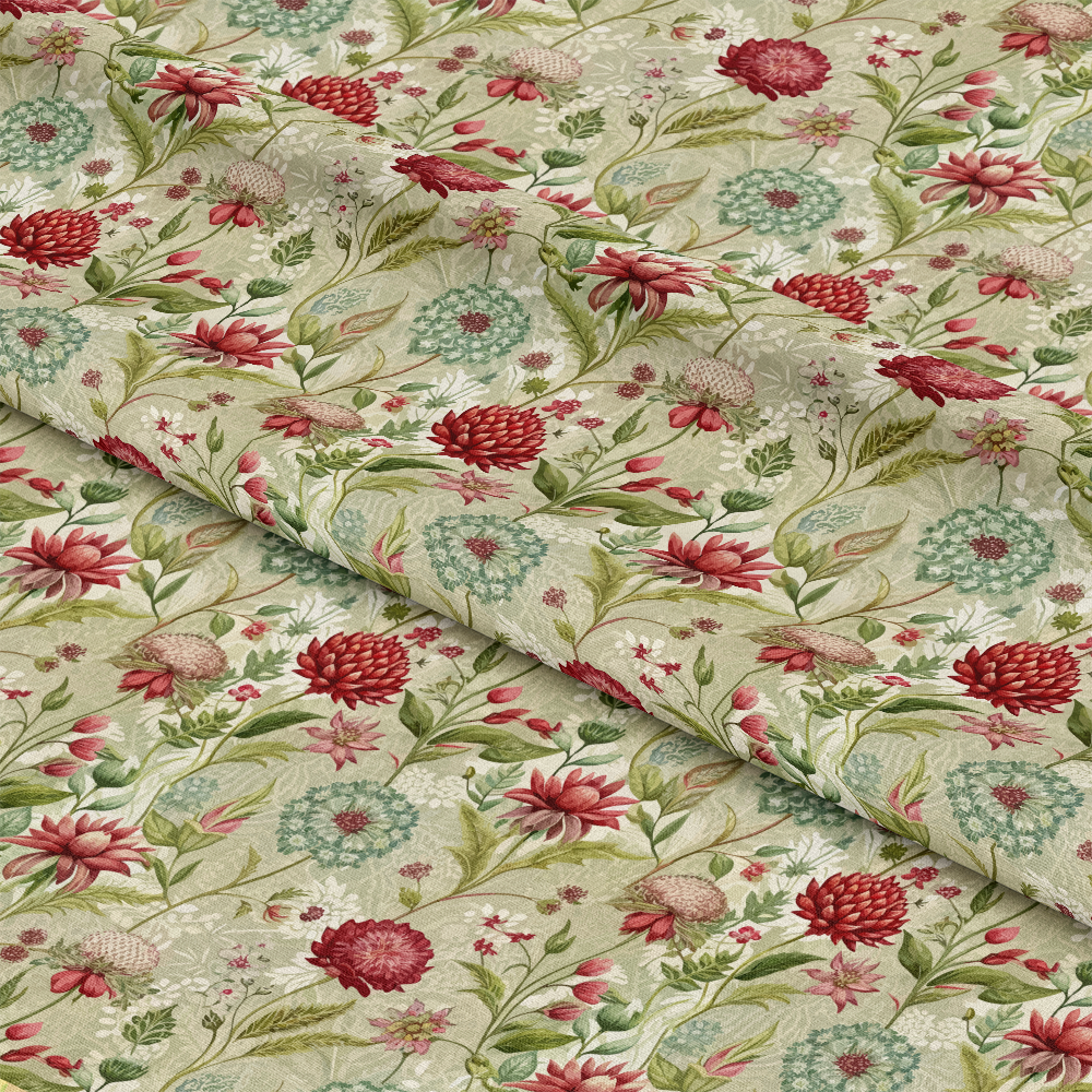 Art Nouveau Burnet Flowers Pattern 1 Quilting Cotton Fabric - floral, botanical, vintage, red, green, cream, natural, quilting, cotton, fabric, leaves, blossoms, traditional, decorative, yardage, premium
