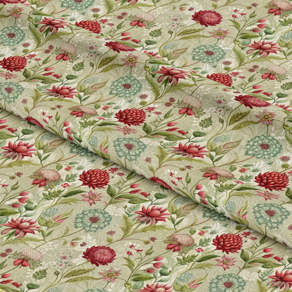 Art Nouveau Burnet Flowers Pattern 1 Quilting Cotton Fabric - floral, botanical, vintage, red, green, cream, natural, quilting, cotton, fabric, leaves, blossoms, traditional, decorative, yardage, premium