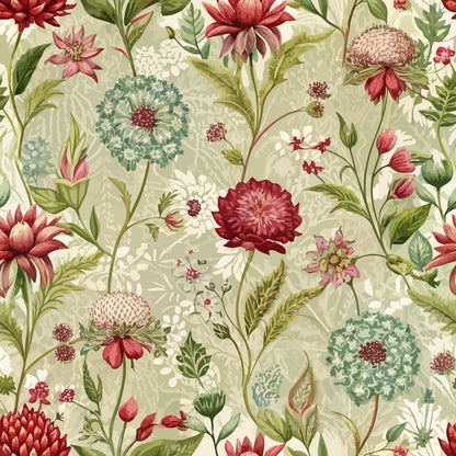 Art Nouveau Burnet Flowers Pattern 1 Quilting Cotton Fabric vintage floral design red green cream beige botanical garden textile quilting fabric yardage cotton textile craft sewing